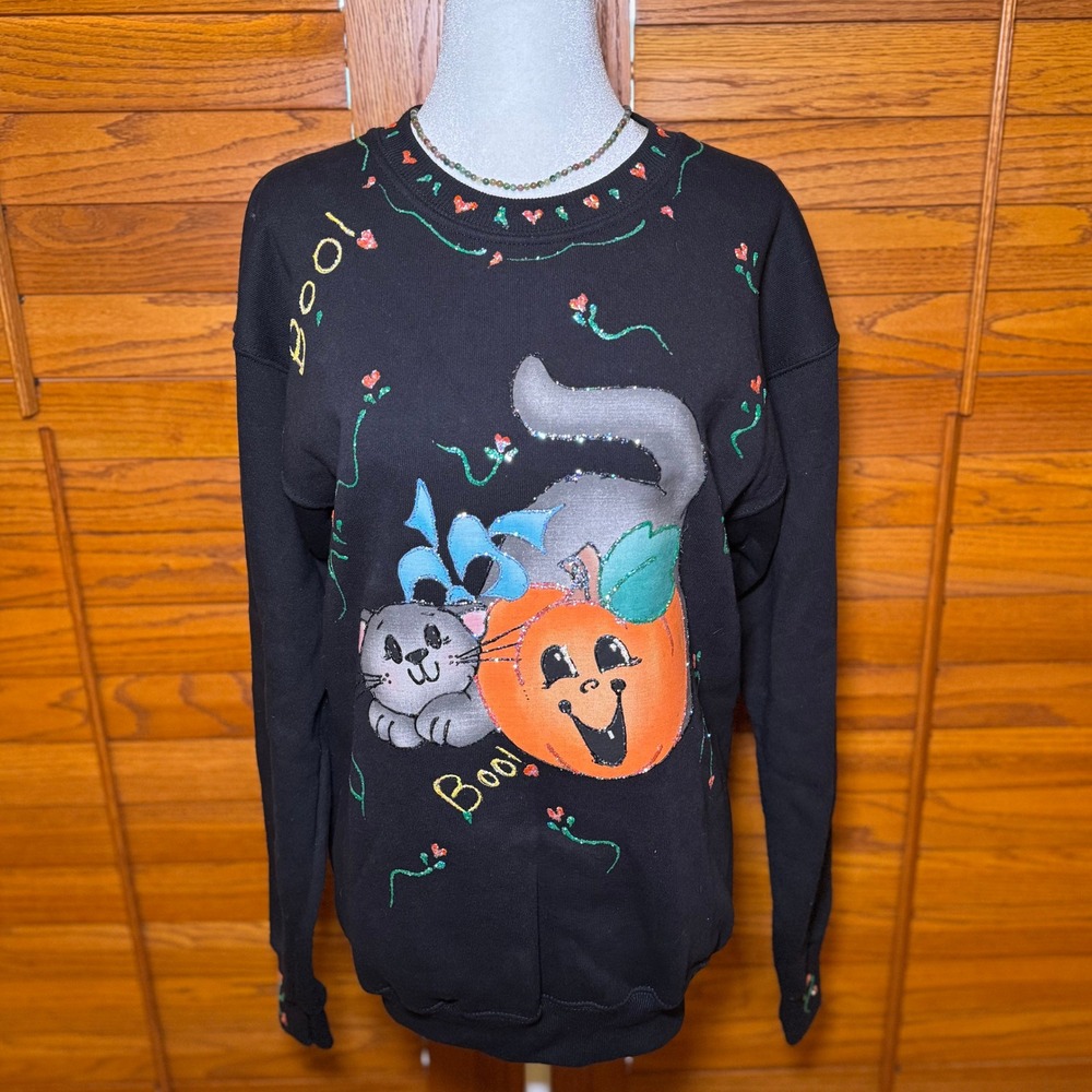 Vintage Lee Sturdy Sweats Halloween Cat Pumpkin Hand Painted Sweatshirt Medium
